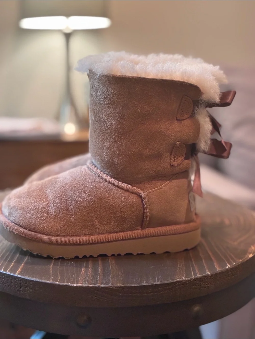 UGG Kids Chestnut Shearling Boots with Brown Ribbon Bows